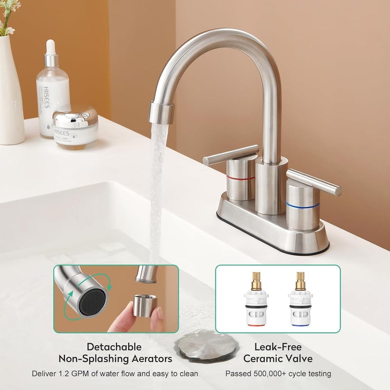 faustina Brushed Bathroom Faucet, 4 Inch Centerset Faucets for Sink 2 Holes 3 Holes，Two Handles 304 Stainless Steel Bathroom Sink Faucet with Pup up Drain and 2 cUPC Water Supply Lines for RV Vanity - Image 4